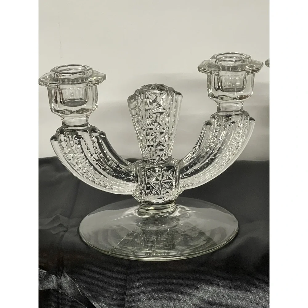 Tiffin Franciscan Williamsburg Clear Glass Double Candlesticks Candelabra Pair